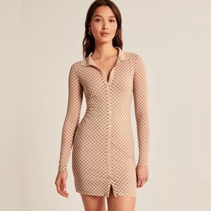 Long-Sleeve Checkered Mesh Shirt Dress